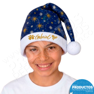 Gorro de Navidad Azul Estrellas Doradas y Plateadas - Personalizado para Niño (Nombre o logo)