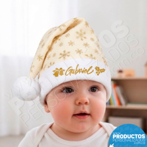 Gorro de Navidad Marfil Copos Dorados - Personalizado para Bebé(Nombre o logo)