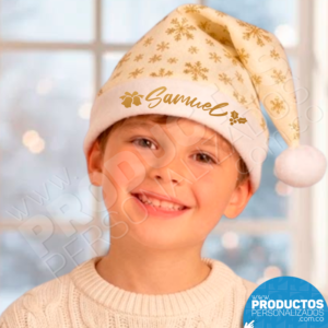 Gorro de Navidad Marfil Copos Dorados - Personalizado para Niño (Nombre o logo)