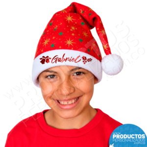 Gorro de Navidad Estrellas Doradas y Verdes - Personalizado para Niño (Nombre o logo)
